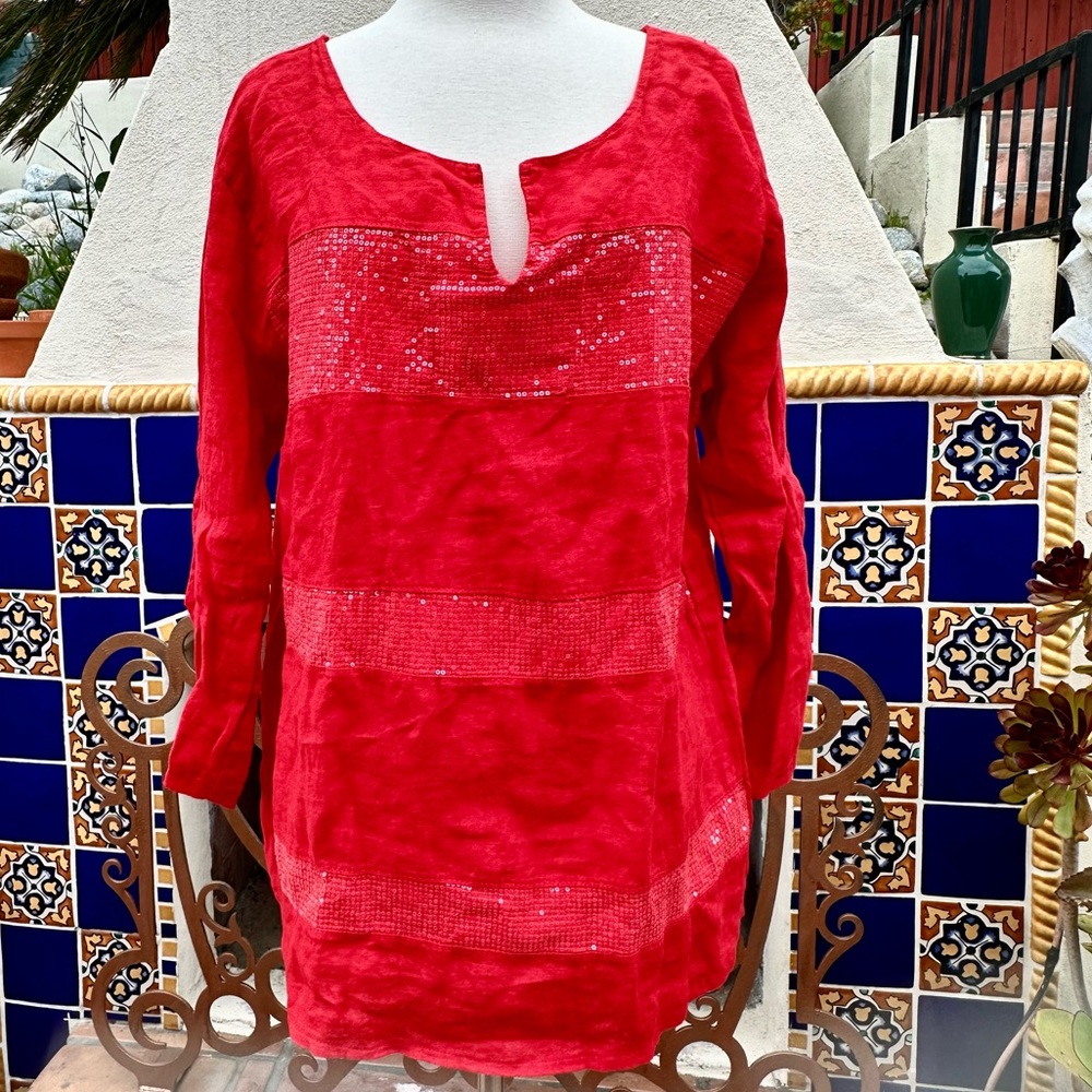 NWT Lingo L’arno Pure Linen Made in Italy Long Adjustable Sleeves Red Top Sz 1X